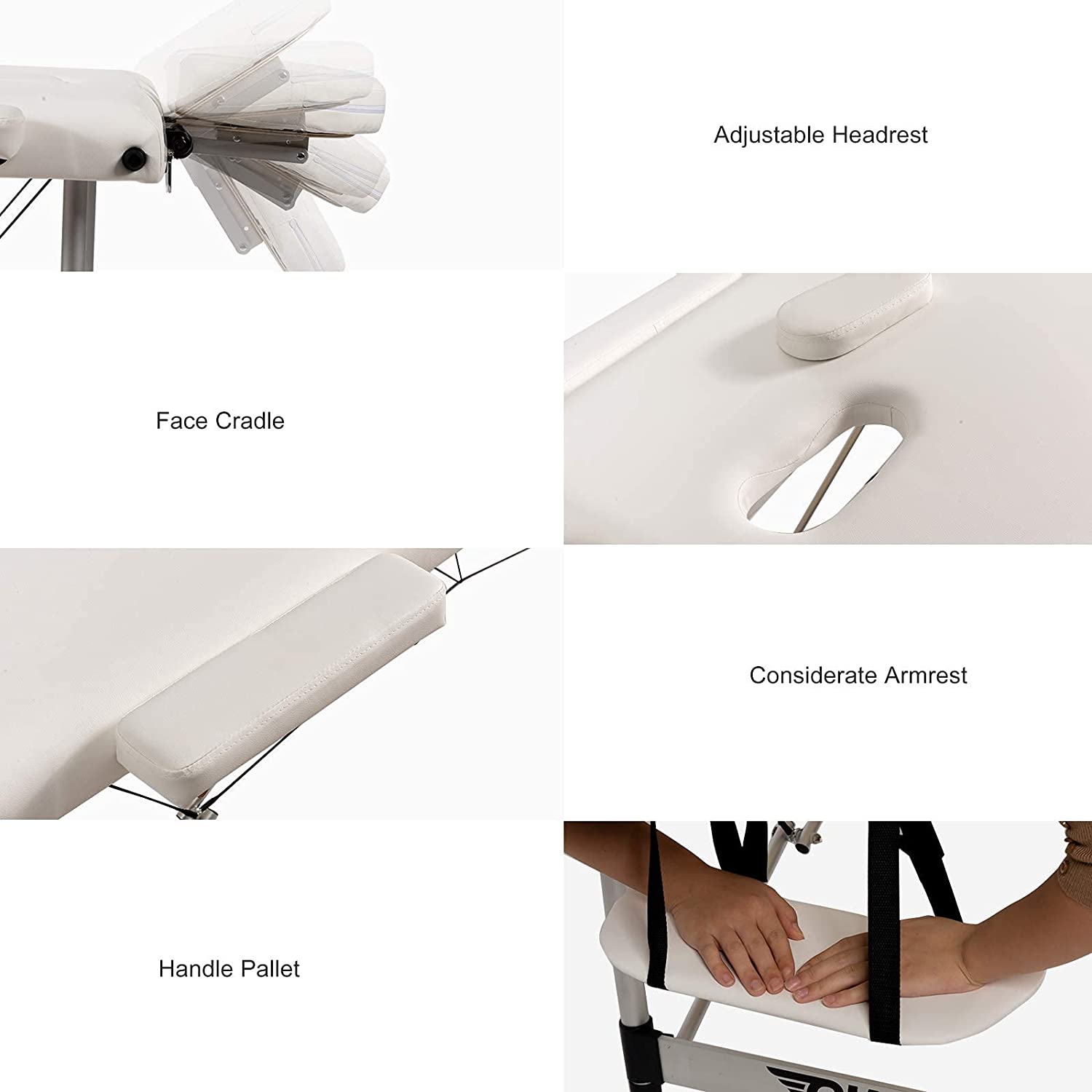 Collage of table features with labels on adjustable headrest, face cradle, armrest, and handle pallet.
