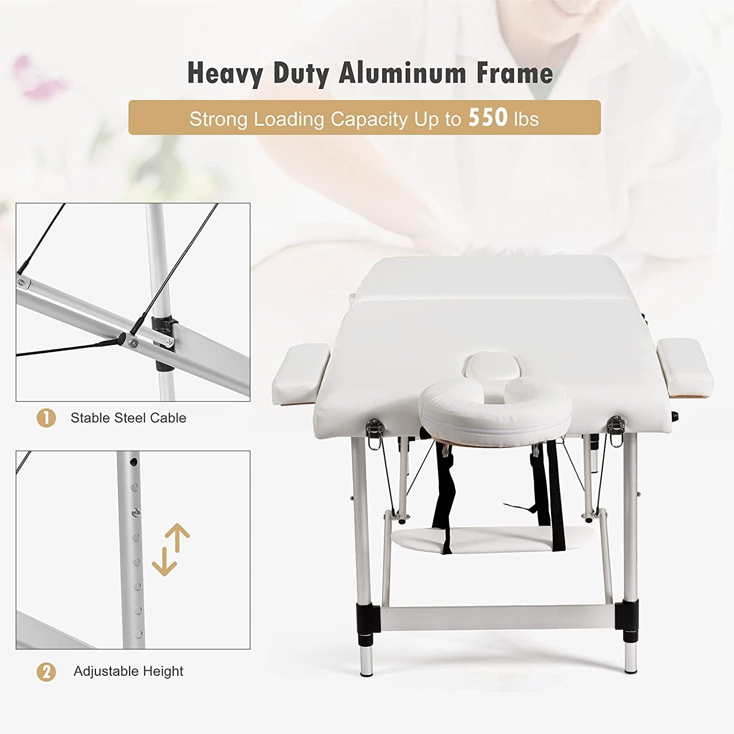 White massage table with heavy-duty aluminum frame and adjustable height features. Up to 550 lbs.