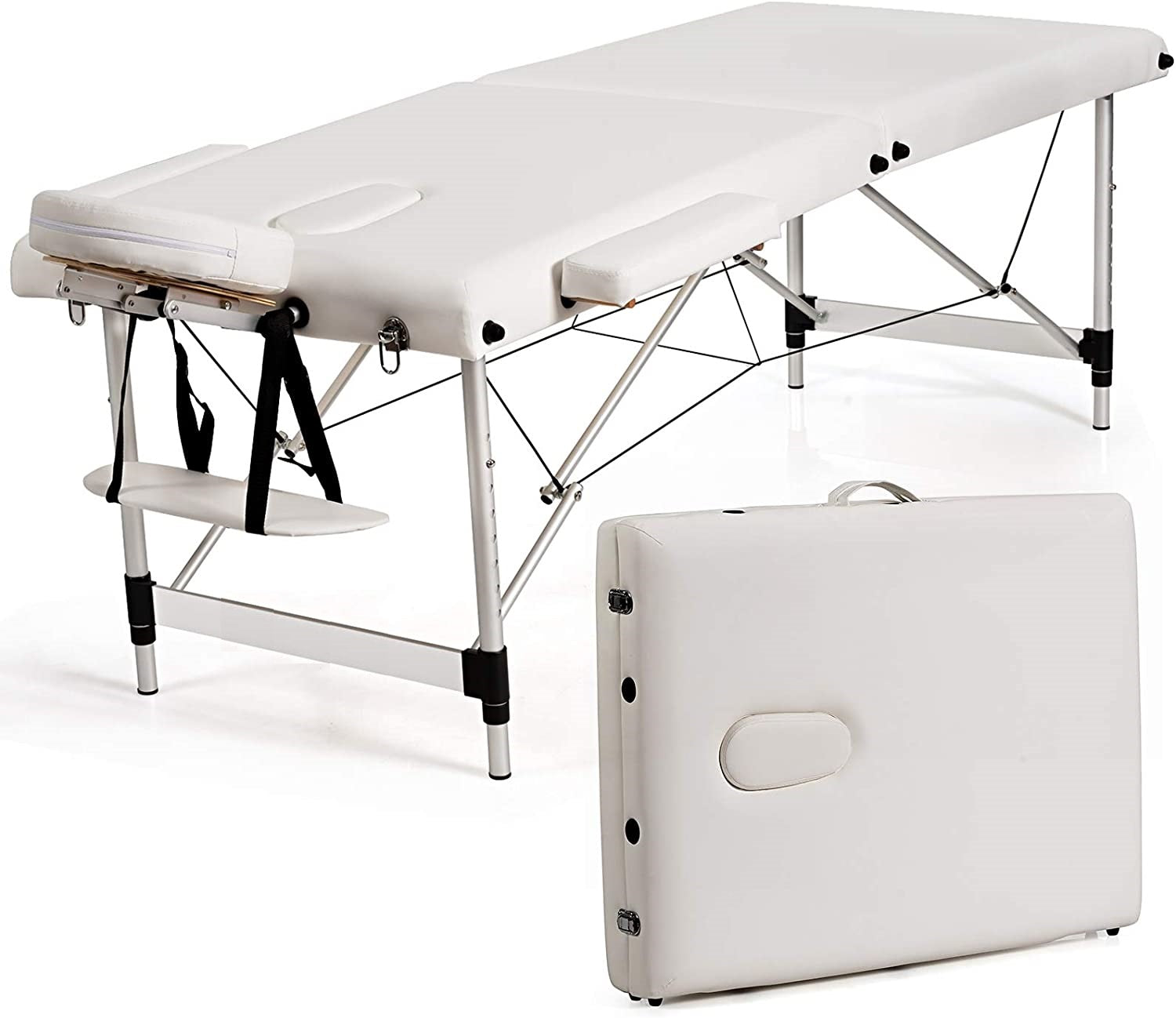 White meditation table with carrying case on a white background
