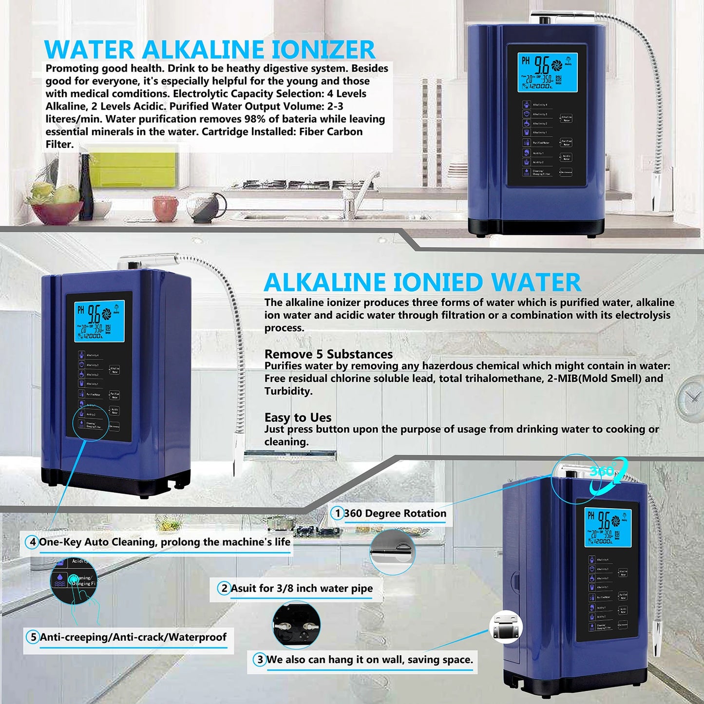 Alkaline Water Ionizer hydrogen generator Machine Purifier,Produces pH 3.5-10.5 Alkaline Acid water Water Filter system for Home