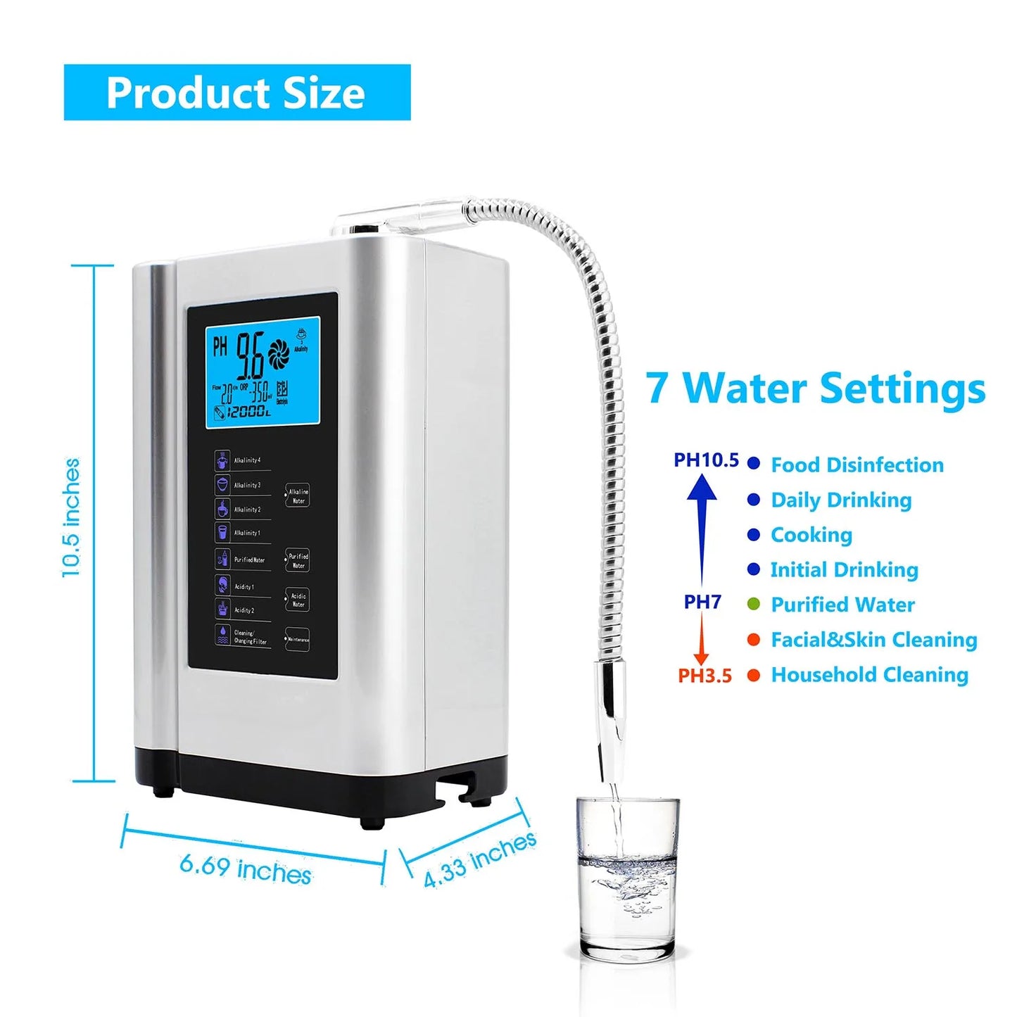 Alkaline Water Ionizer hydrogen generator Machine Purifier,Produces pH 3.5-10.5 Alkaline Acid water Water Filter system for Home