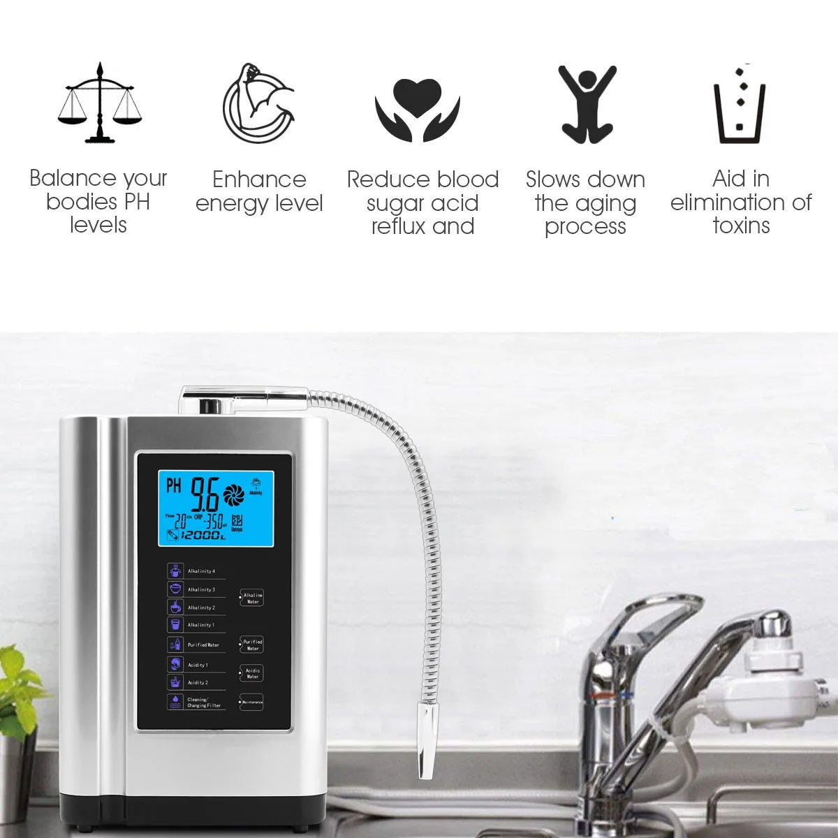 Alkaline Water Ionizer hydrogen generator Machine Purifier,Produces pH 3.5-10.5 Alkaline Acid water Water Filter system for Home