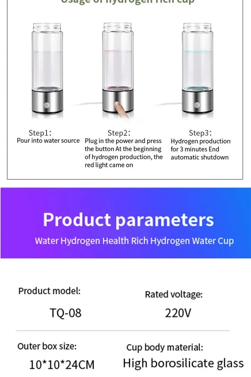 Rich Hydrogen Oxygen Water Cup H2 Inhalation Device Water Bottle SPE PEM Dual Chamber Maker Lonizer Healthcare Water Cup