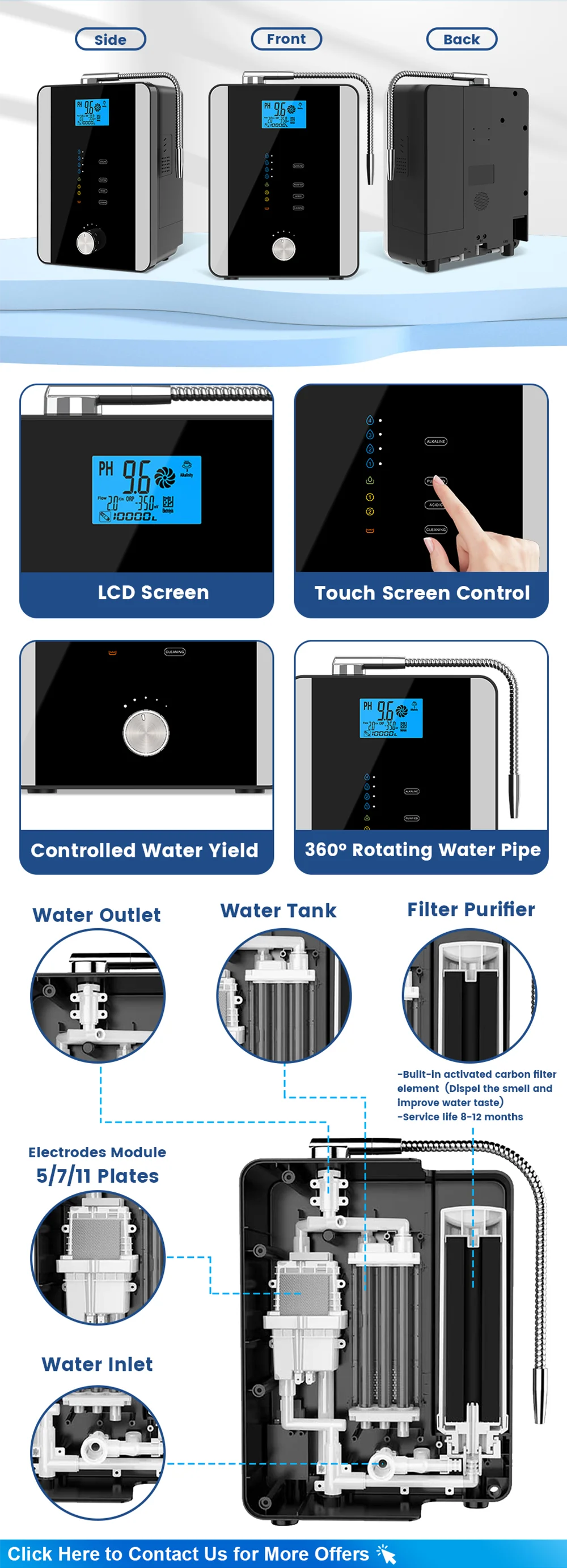 CAWOLO Alkaline Water Ionizer Machine pH 4.5-10.5 Alkaline Acidic Water Purifier PH Water Alkaline Machine