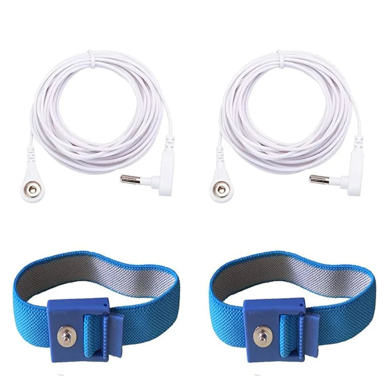 Grounding Blue Wrist Band (2 Sets) For Healthy Earthing Energy With 2 Straight Cords (16‘ Full Length) Grounding Without Mats